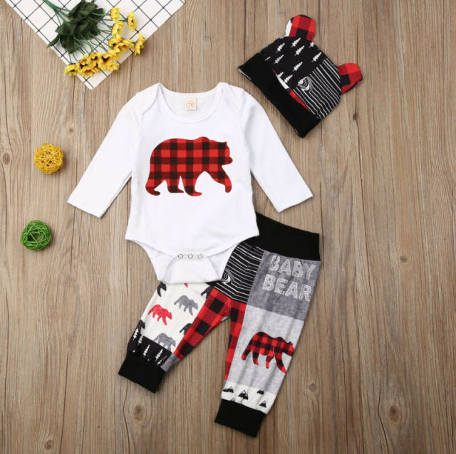 3PCS Newborn Baby Boy Girl Clothes Set Bear Print Romper Spring Set