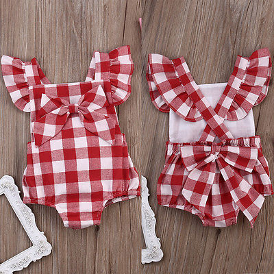 Baby Girl Red Plaid Romper Summer Infant Jumpsuit With Headband