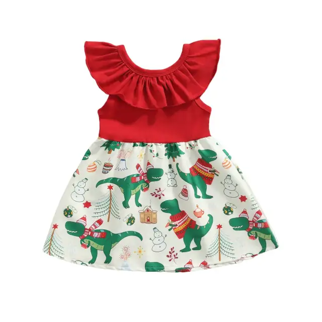 Girls Summer Sleeveless Dress Infant Dinosaur Print Ruffle Clothes