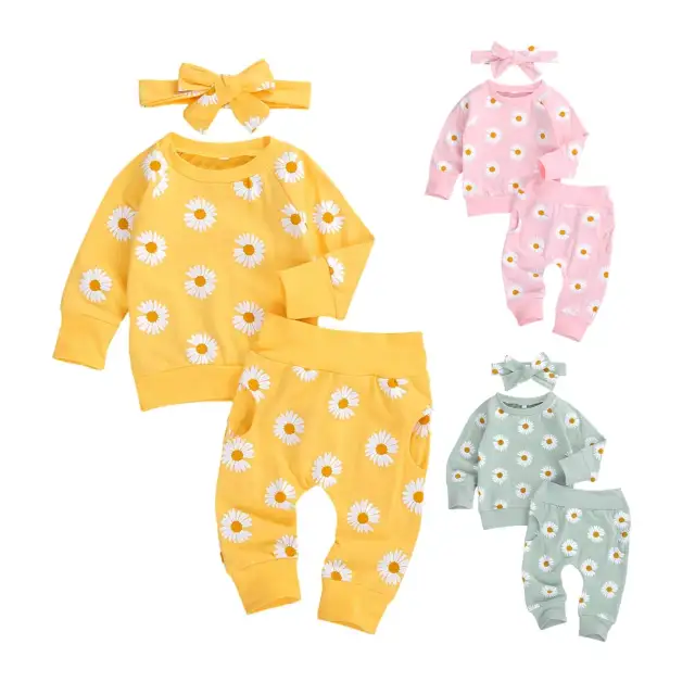 3Pcs Baby Girls Spring Long Sleeve Set Cute Print Infant Clothes