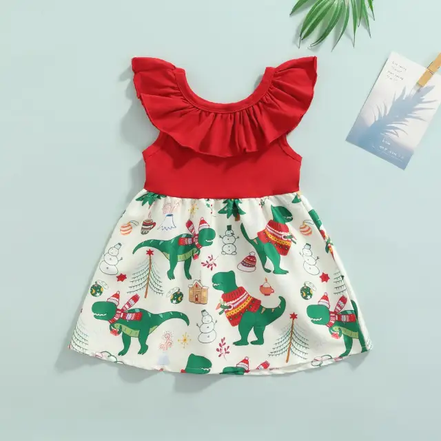 Girls Summer Sleeveless Dress Infant Dinosaur Print Ruffle Clothes