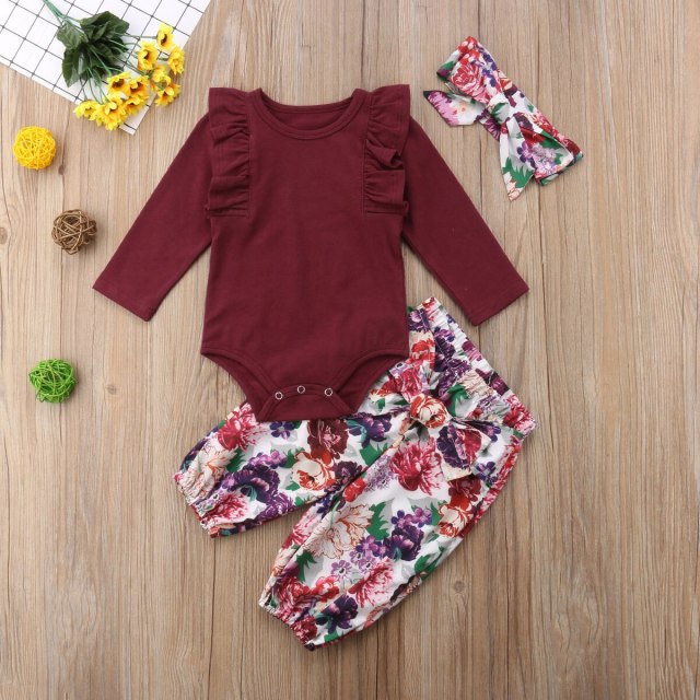 Spring Girls 3PCS Set Clothes Newborn Baby Red Romper Floral Outfits