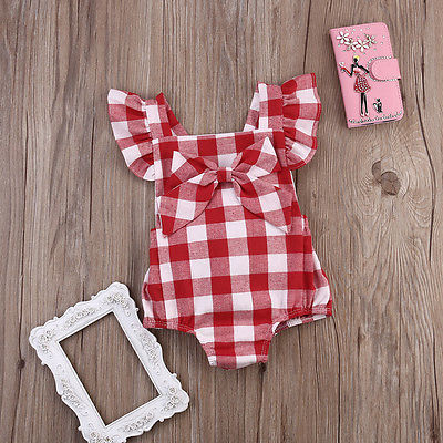 Baby Girl Red Plaid Romper Summer Infant Jumpsuit With Headband