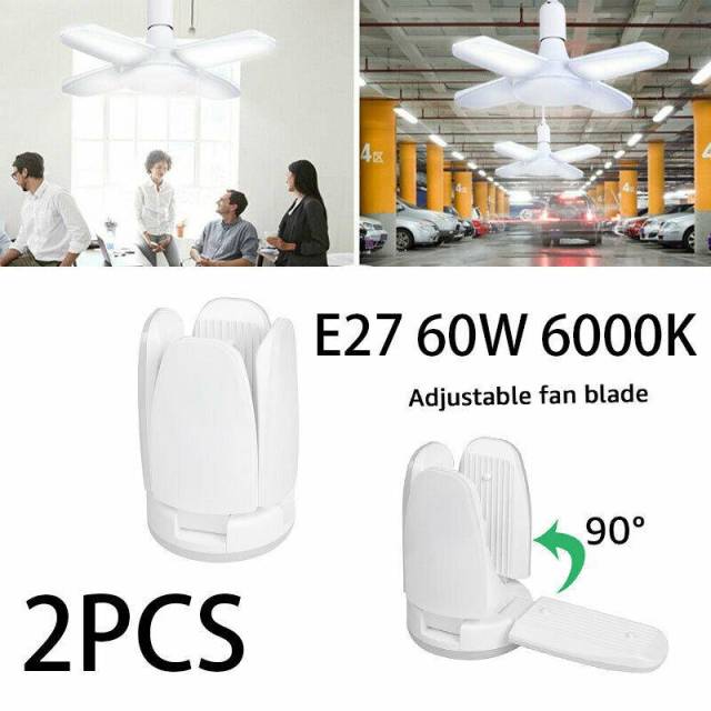 2Pcs Deformable LED Garage Light Bulb Ceiling Fixture Home Shop Workshop Lamp E27