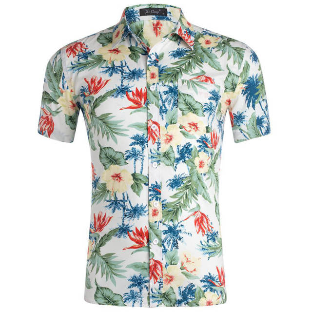 Mens Summer Shirt Hawaiian Beach Fruit Floral Print Cotton Short Sleeve Shirts