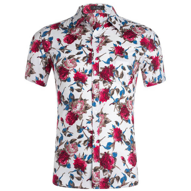 Mens Summer Shirt Hawaiian Beach Fruit Floral Print Cotton Short Sleeve Shirts