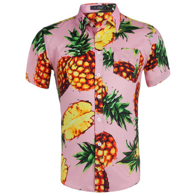 Mens Summer Shirt Hawaiian Beach Fruit Floral Print Cotton Short Sleeve Shirts