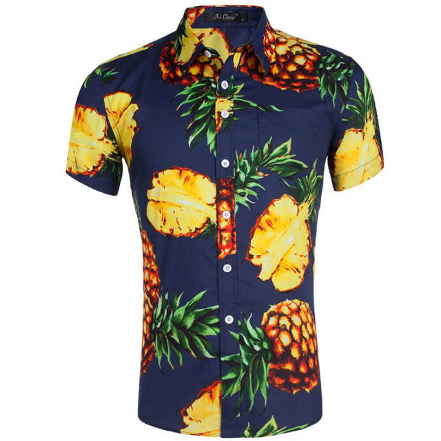 Mens Summer Shirt Hawaiian Beach Fruit Floral Print Cotton Short Sleeve Shirts