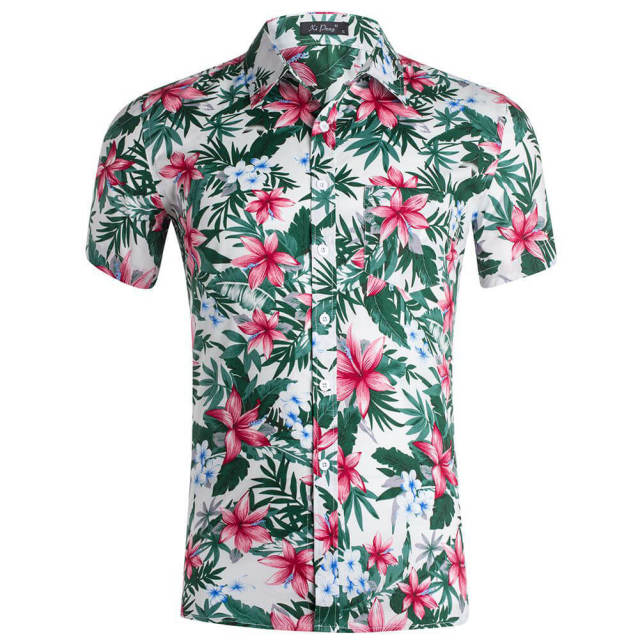 Mens Summer Shirt Hawaiian Beach Fruit Floral Print Cotton Short Sleeve Shirts