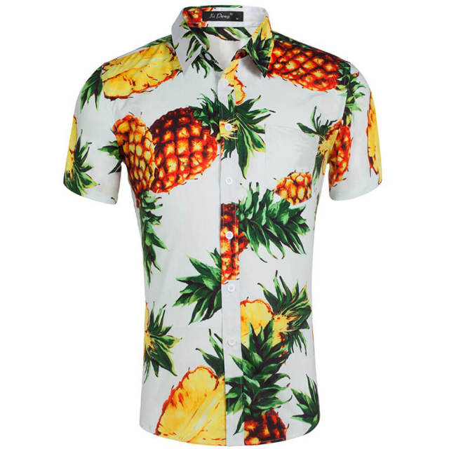 Mens Summer Shirt Hawaiian Beach Fruit Floral Print Cotton Short Sleeve Shirts