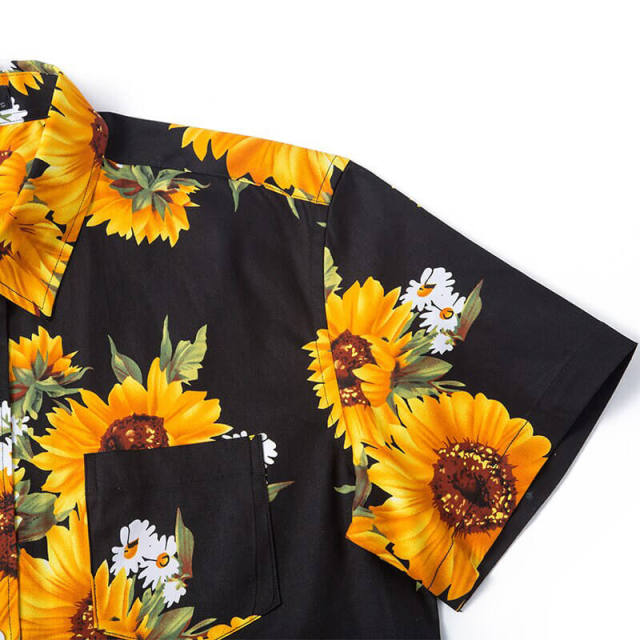 Men's Shirts Sunflower Printed Short Sleeve Blouse Top