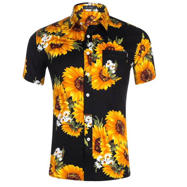 Men's Shirts Sunflower Printed Short Sleeve Blouse Top