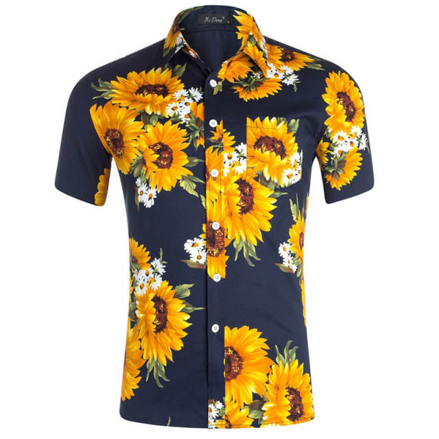 Men's Shirts Sunflower Printed Short Sleeve Blouse Top