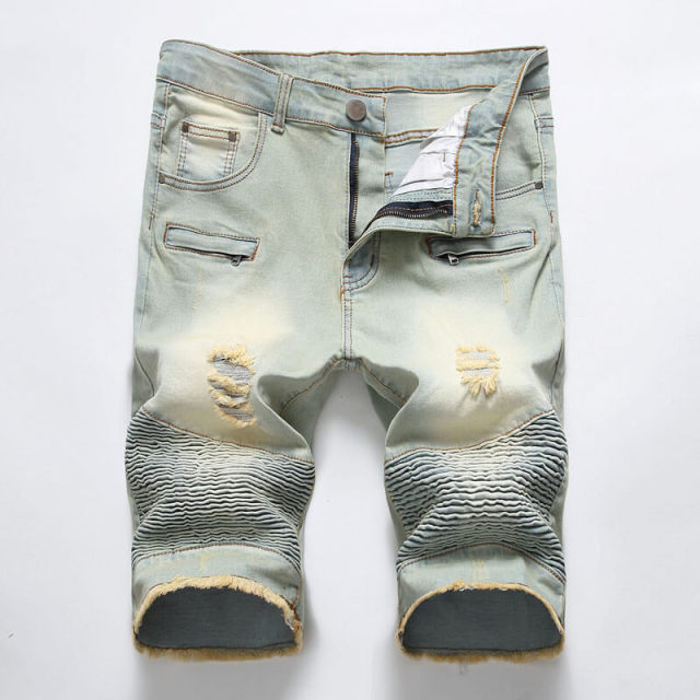 Men Ripped Hole Hip Hop Straight Jeans Shorts Summer Denim Short Pants