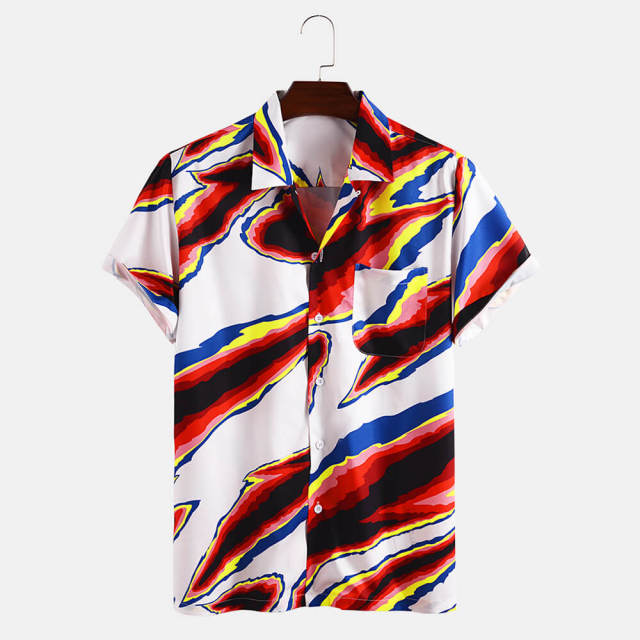 Colorful Flame Printed Mens Shirts Casual Button Loose Chemise