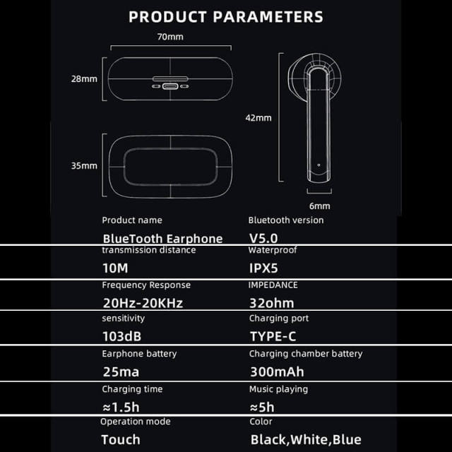 TWS Wireless Bluetooth Headphone Touch Control Bluetooth 5.0 In-Ear Headset Sports Waterproof Earphone with Mic