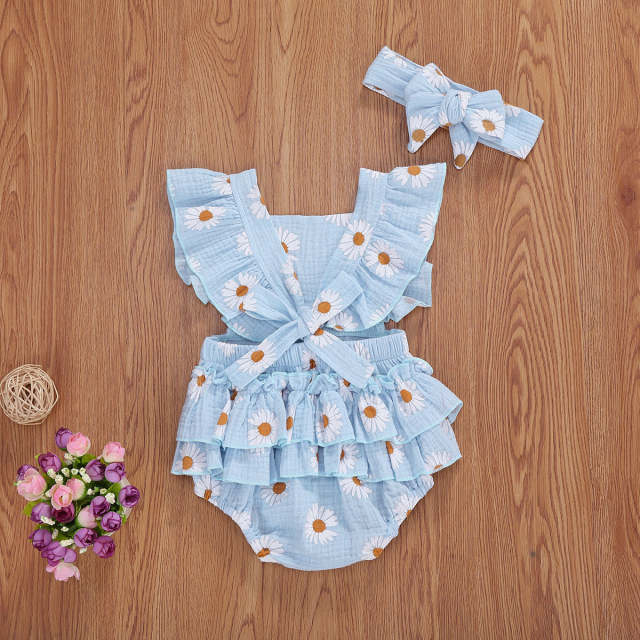 2Pcs Newborn Baby Girl Daisy Printed Romper Cotton Soft Jumpsuit
