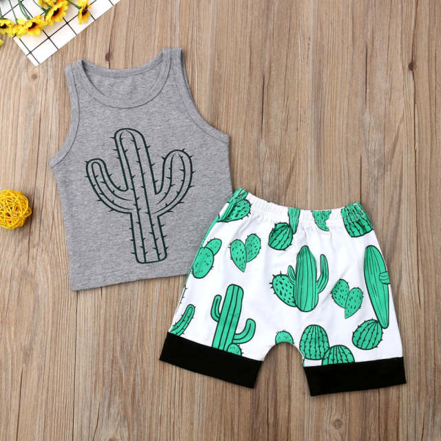 Baby Boy Summer Short Sleeve Set Cactus Print Toddler Casual Clothes