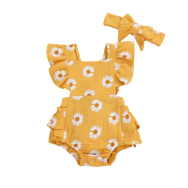 2Pcs Newborn Baby Girl Daisy Printed Romper Cotton Soft Jumpsuit