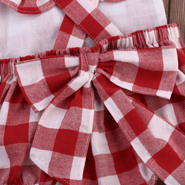 Baby Girl Red Plaid Romper Summer Infant Jumpsuit With Headband