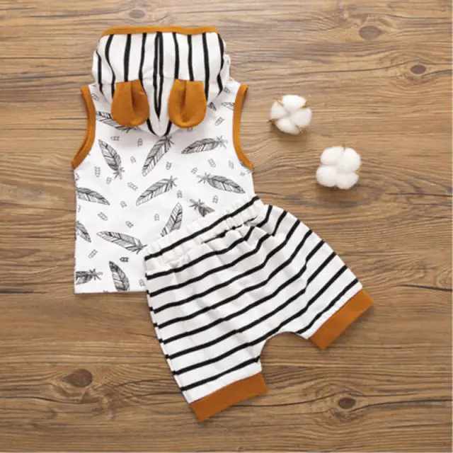 2PCS Newborn Baby Boy Sleeveless Hooded Vest Striped Summer Clothes