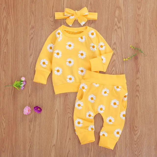 3Pcs Baby Girls Spring Long Sleeve Set Cute Print Infant Clothes