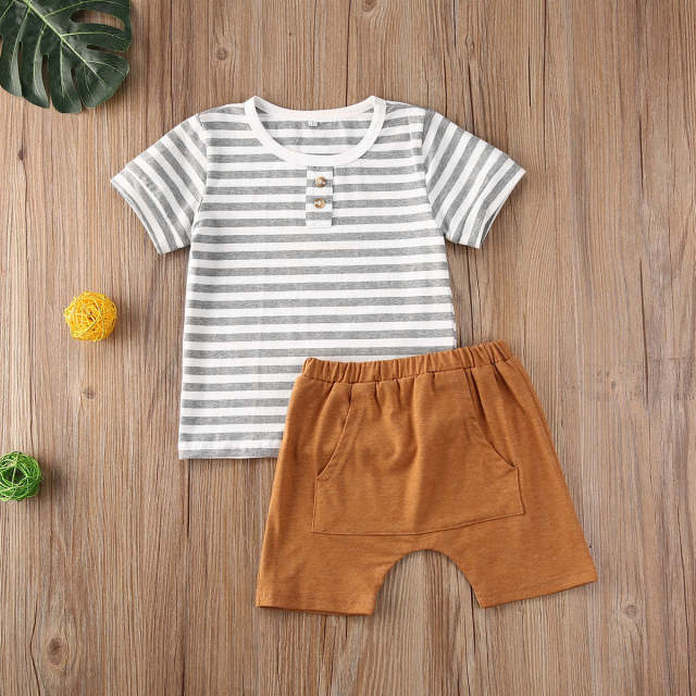 2Pcs Toddler Baby Boy Clothes Set Striped T Shirt Top + Shorts 0-3Y