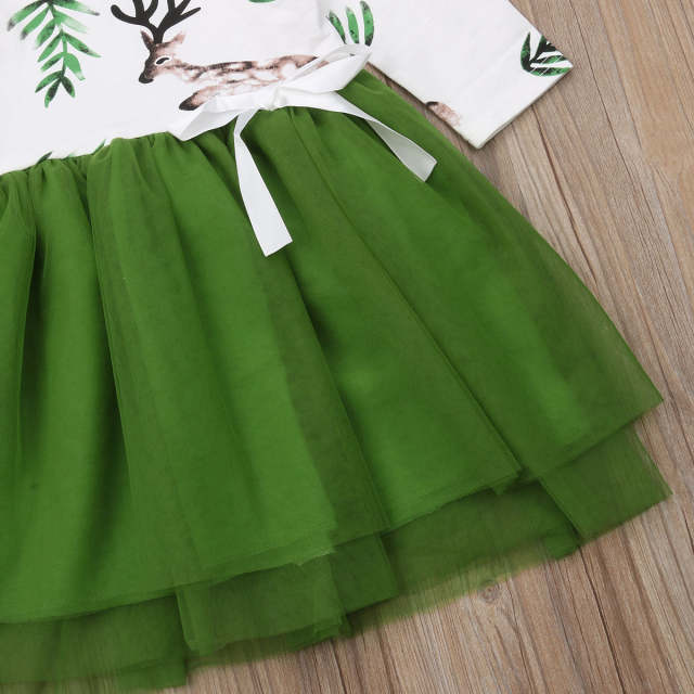 Girls Autumn Dress Xmas Deer Dresses Green 2-7Y