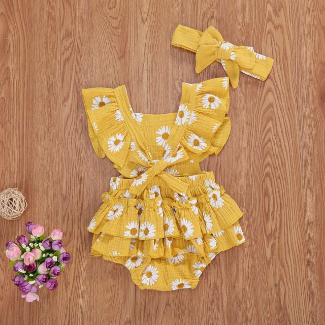 2Pcs Newborn Baby Girl Daisy Printed Romper Cotton Soft Jumpsuit