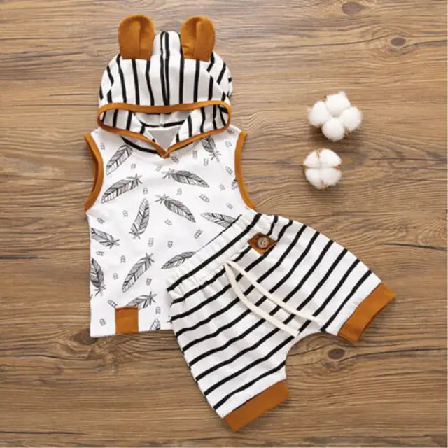 2PCS Newborn Baby Boy Sleeveless Hooded Vest Striped Summer Clothes