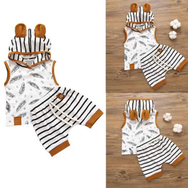 2PCS Newborn Baby Boy Sleeveless Hooded Vest Striped Summer Clothes