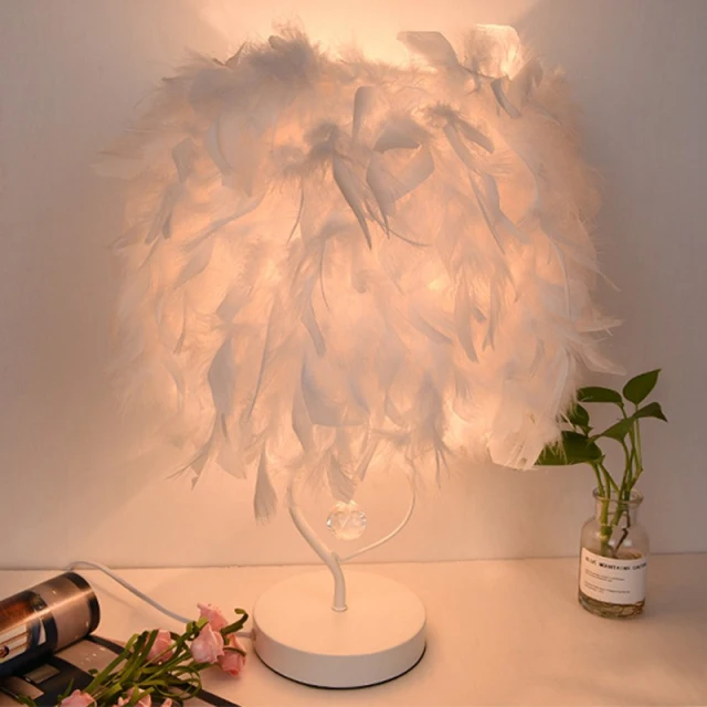 Table Lamp with Feather Shade- Elegant Crystal Feather Table Lamps for Princess Room Bedroom Bedside