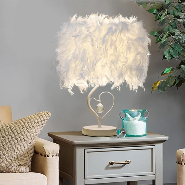 Table Lamp with Feather Shade- Elegant Crystal Feather Table Lamps for Princess Room Bedroom Bedside