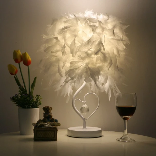 Table Lamp with Feather Shade- Elegant Crystal Feather Table Lamps for Princess Room Bedroom Bedside