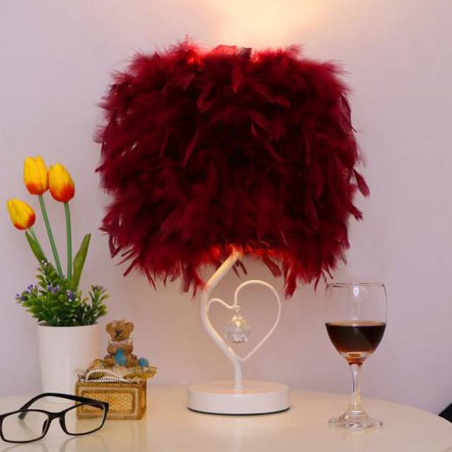 Table Lamp with Feather Shade- Elegant Crystal Feather Table Lamps for Princess Room Bedroom Bedside