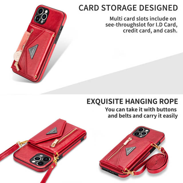 Phone Case for iPhone 13 - iPhone 12 Case Wallet for Women Men -PU Leather Lanyard Strap Zipper Card Holder Phone Cases for Apple