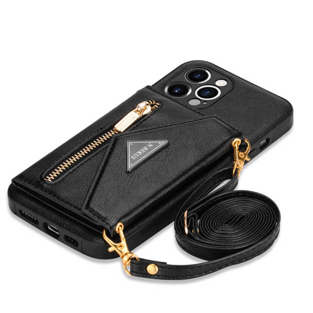 Phone Case for iPhone 13 - iPhone 12 Case Wallet for Women Men -PU Leather Lanyard Strap Zipper Card Holder Phone Cases for Apple