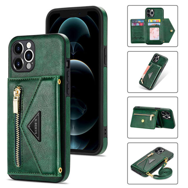 Phone Case for iPhone 13 - iPhone 12 Case Wallet for Women Men -PU Leather Lanyard Strap Zipper Card Holder Phone Cases for Apple