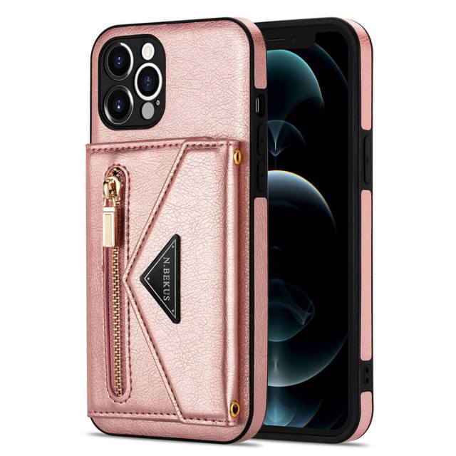 Phone Case for iPhone 13 - iPhone 12 Case Wallet for Women Men -PU Leather Lanyard Strap Zipper Card Holder Phone Cases for Apple