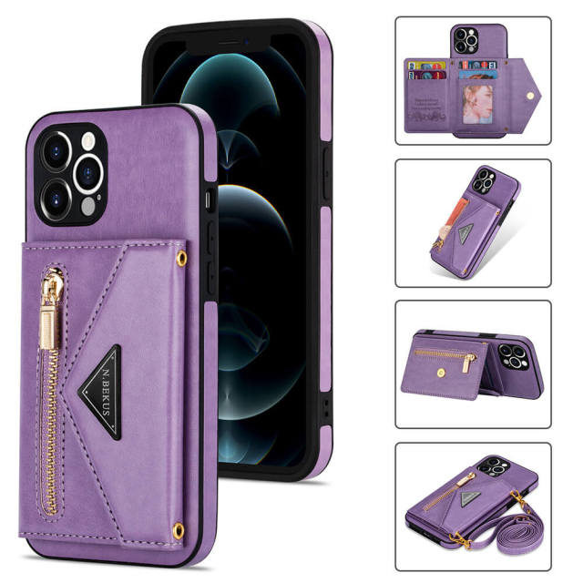 Phone Case for iPhone 13 - iPhone 12 Case Wallet for Women Men -PU Leather Lanyard Strap Zipper Card Holder Phone Cases for Apple