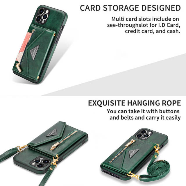 Phone Case for iPhone 13 - iPhone 12 Case Wallet for Women Men -PU Leather Lanyard Strap Zipper Card Holder Phone Cases for Apple