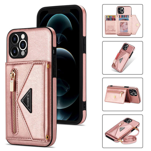 Phone Case for iPhone 13 - iPhone 12 Case Wallet for Women Men -PU Leather Lanyard Strap Zipper Card Holder Phone Cases for Apple