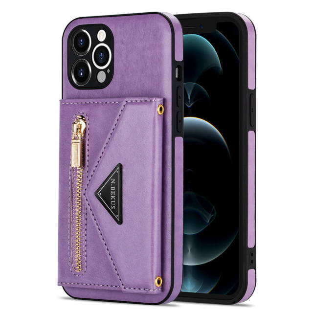 Phone Case for iPhone 13 - iPhone 12 Case Wallet for Women Men -PU Leather Lanyard Strap Zipper Card Holder Phone Cases for Apple