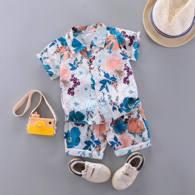 Kids Clothing Summer Boy Short Sleeve Printed Shirt Shorts 2pcs Suit