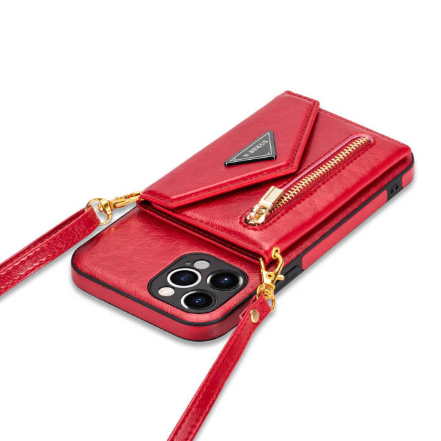 Phone Case for iPhone 13 - iPhone 12 Case Wallet for Women Men -PU Leather Lanyard Strap Zipper Card Holder Phone Cases for Apple