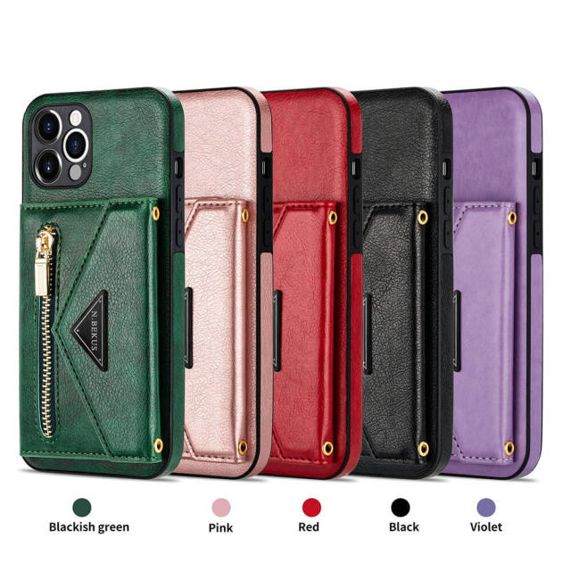 Phone Case for iPhone 13 - iPhone 12 Case Wallet for Women Men -PU Leather Lanyard Strap Zipper Card Holder Phone Cases for Apple