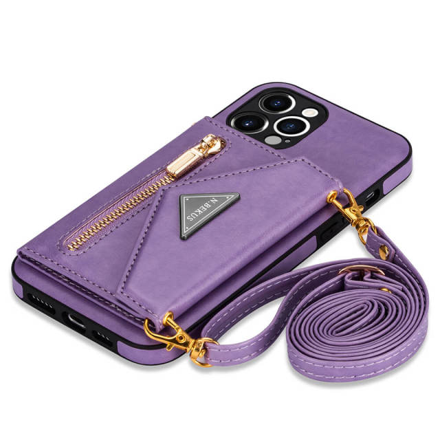 Phone Case for iPhone 13 - iPhone 12 Case Wallet for Women Men -PU Leather Lanyard Strap Zipper Card Holder Phone Cases for Apple