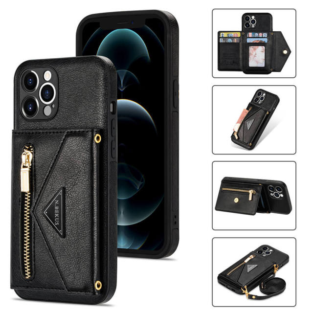 Phone Case for iPhone 13 - iPhone 12 Case Wallet for Women Men -PU Leather Lanyard Strap Zipper Card Holder Phone Cases for Apple