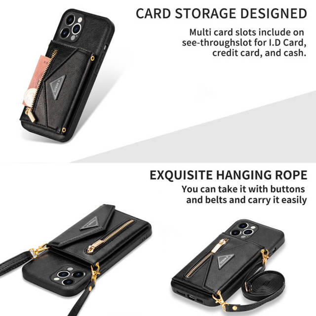 Phone Case for iPhone 13 - iPhone 12 Case Wallet for Women Men -PU Leather Lanyard Strap Zipper Card Holder Phone Cases for Apple