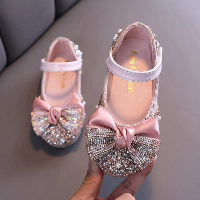 Children Shoes Rhinestone Leather Bow Princess Girls Party Dance Shoes